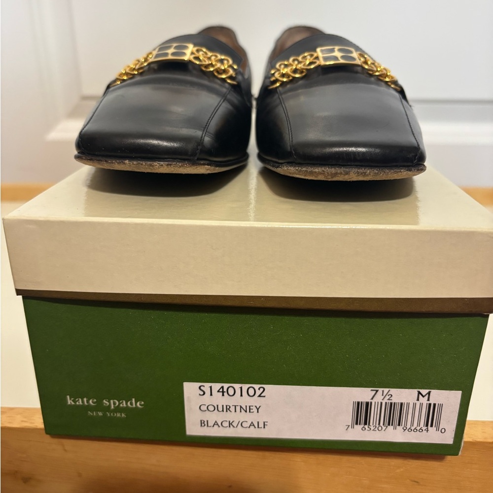 kate spade Courtney Black Leather Loafers with Gold Chain Accent - Picture 2 of 11